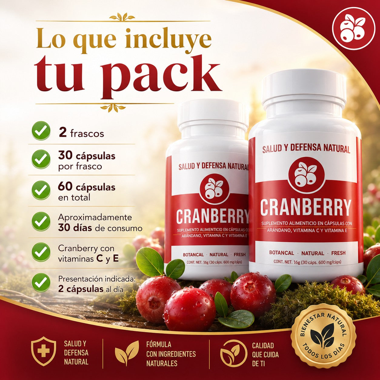 CRANBERRY X2 + Vitaminas C y E | Pack X2 para 30 días